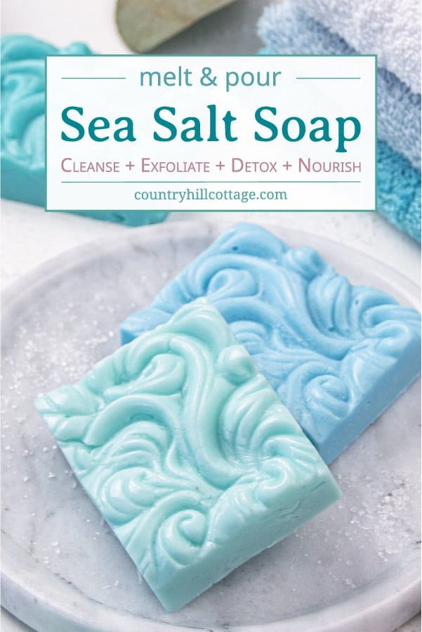 How to make natural sea salt soap hand and body bars! An easy DIY sea salt soap recipe with pink Himalayan sea salt, moisturizing shea butter, essential oils and goats milk or glycerin base. The homemade melt and pour soap is an easy soap making tutorial for beginners and has benefits for acne, eczema, and dry skin. Great for men, kids and gifts. With tips for swirls molds, how to store, packaging ideas and more recipes inspiration. #soap #saltbar #saltsoap #soapmaking | countryhillcottage.com