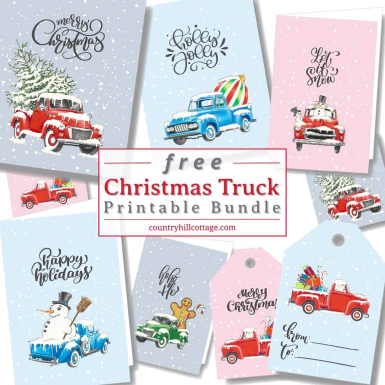 Download FREE DIY Christmas truck printables, including wall art signs (8x10, 5x7, 4x6), greeting cards and gift tags. The pictures are made from a painting and drawing and show a vintage red Christmas truck with trees (cute Chevy), gifts and ornaments before a snow background. Holiday truck illustration and quotes for gift wrapping, door hanger, ornament, craft, art, rustic farmhouse decorations and more ideas. #printable #Christmasprinatbles #Christmastruck #decor | countryhillcottage.com