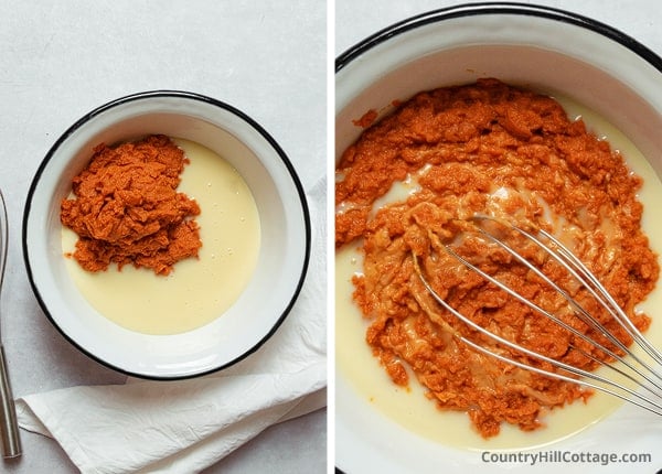 combine pumpkin puree and condensed milk
