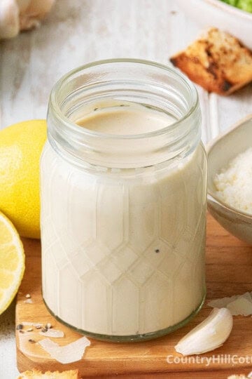 jar of Caesar dressing without anchovies.