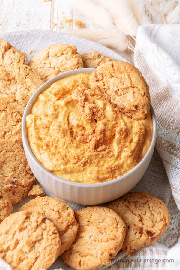 pumpkin dip and ginger snaps on a white plate.