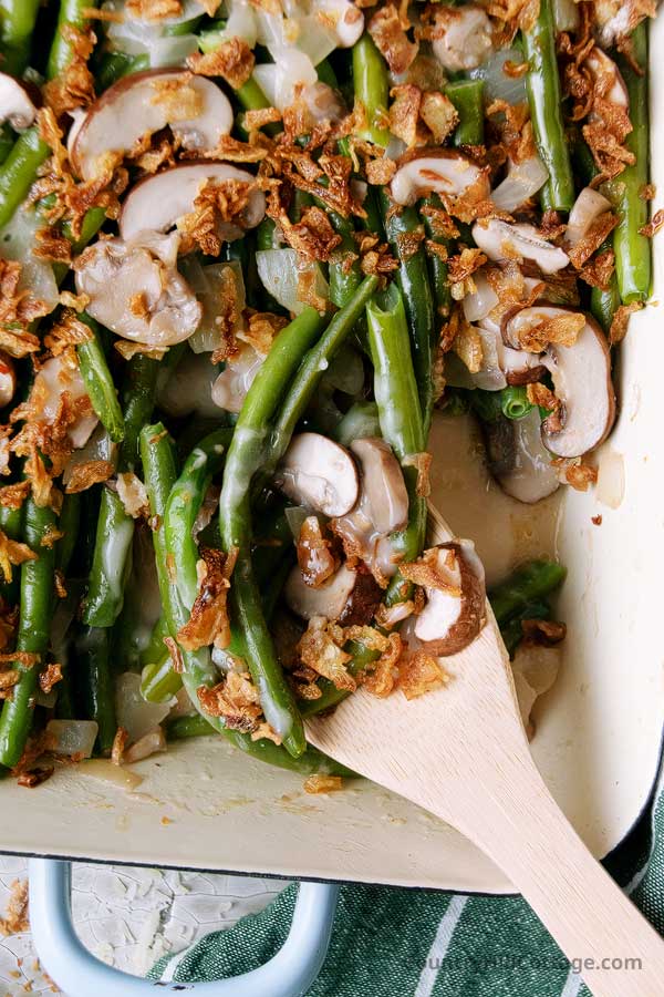 close-sup of green bean casserole recipe in a baking dish.