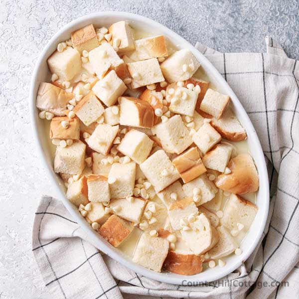 step 4 bake white chocolate bread pudding.