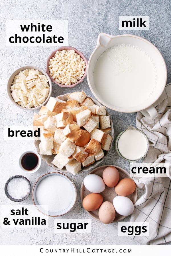 white chocolate bread pudding ingredients.
