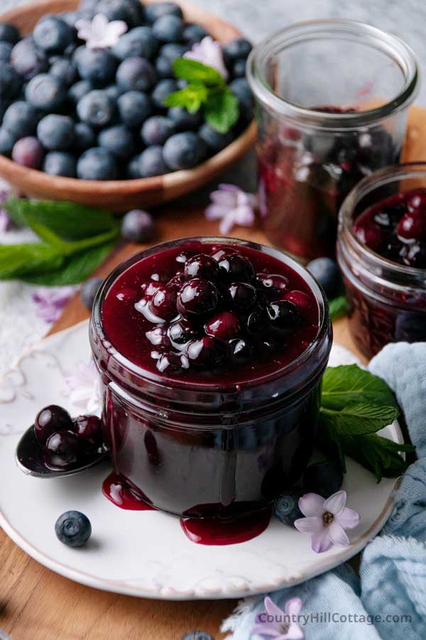 jar of blueberry sauce on a ceramic plate.