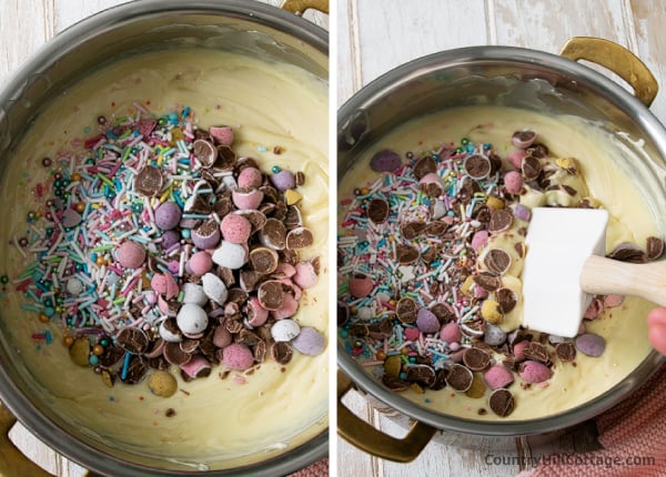 step 3 mix in mini eggs and sprinkles.