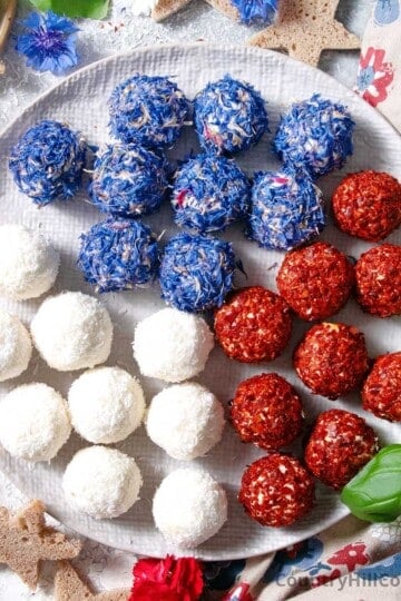 red white and blue cheese balls.