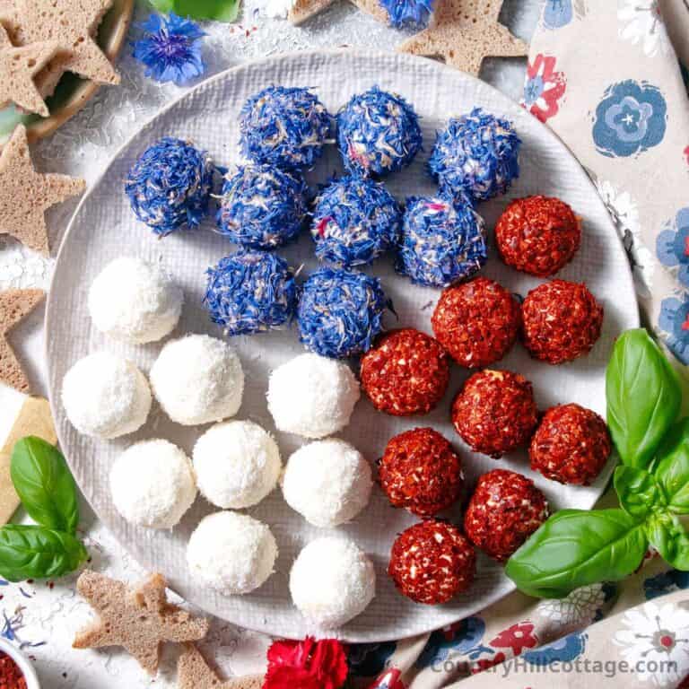 red white and blue cheese balls.