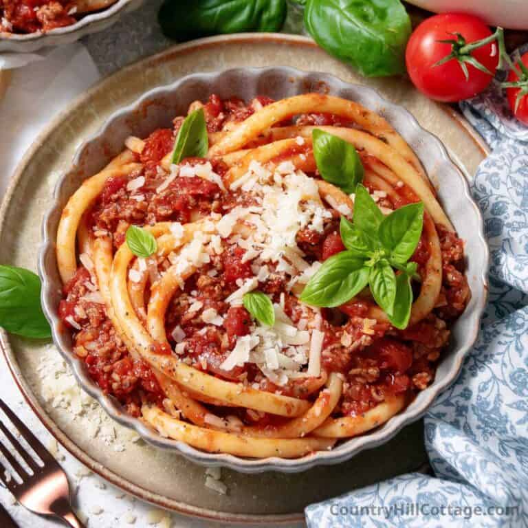 bucatini with Bolognese sauce.
